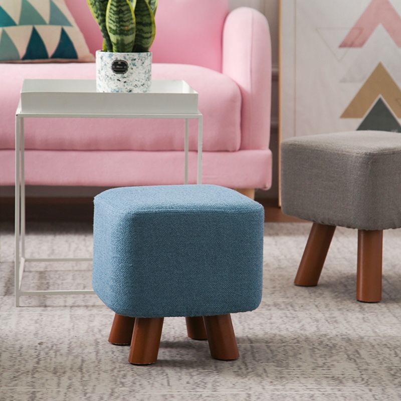 Square Pouf Stool Pure Color Cotton Linen Upholstered Wood Frame Pouf Ottoman