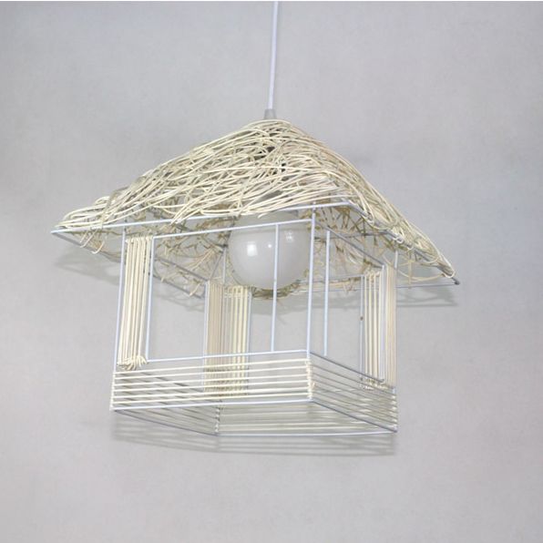 Rattan Weaving House Shaped Pendant Light Single Light Asian Style Bedroom Decorative Hanging Light with 39" Adjustable Cord