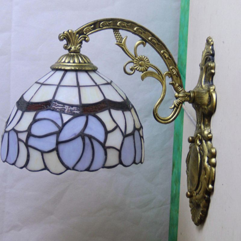 1 Light Bowl Wall Lamp Sconce Tiffany Style Blue Stained Art Glass Wall Lighting with Arched Arm