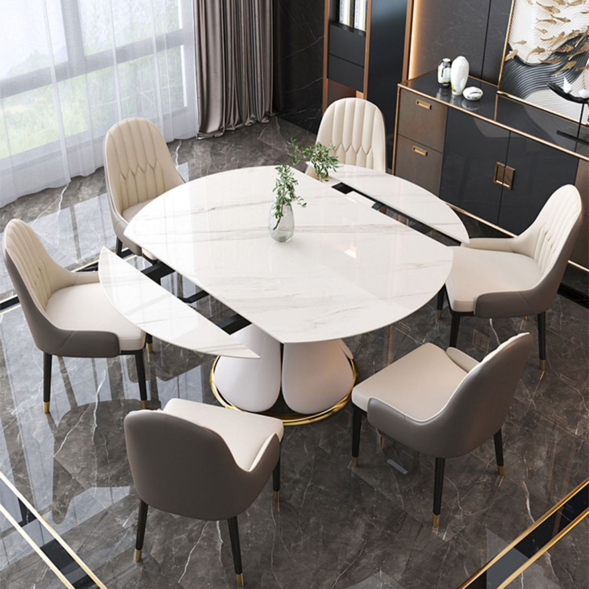 Glam Leather Dinette Set 1/2/5/7 Pieces Scalable Dining Table Set with Sintered Stone Top