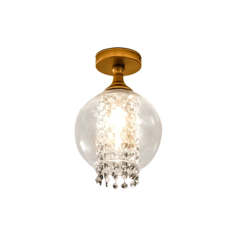 1 Bulb Globe/Cylinder Semi Flush Light Modern Glass and Metal Ceiling Light with Crystal Bead Accent in Brass Finish