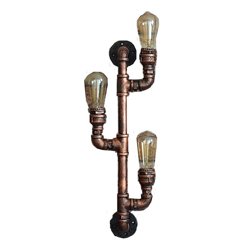 Metal Water Pipe Wall Lighting Industrial Style 3 Lights Wall Mounted Light Fixture in Brown