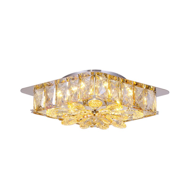 Square and Flower Mini LED Flush Light Simple Amber/Smoke Grey Beveled Crystal Close to Ceiling Lighting Fixture