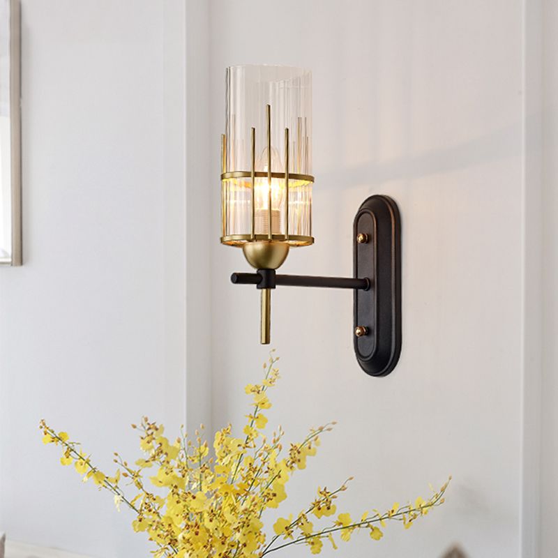 1 Bulb Wall Light Sconce Traditional Living Room Wall Lighting Fixture with Cylinder Clear Glass Shade in Gold