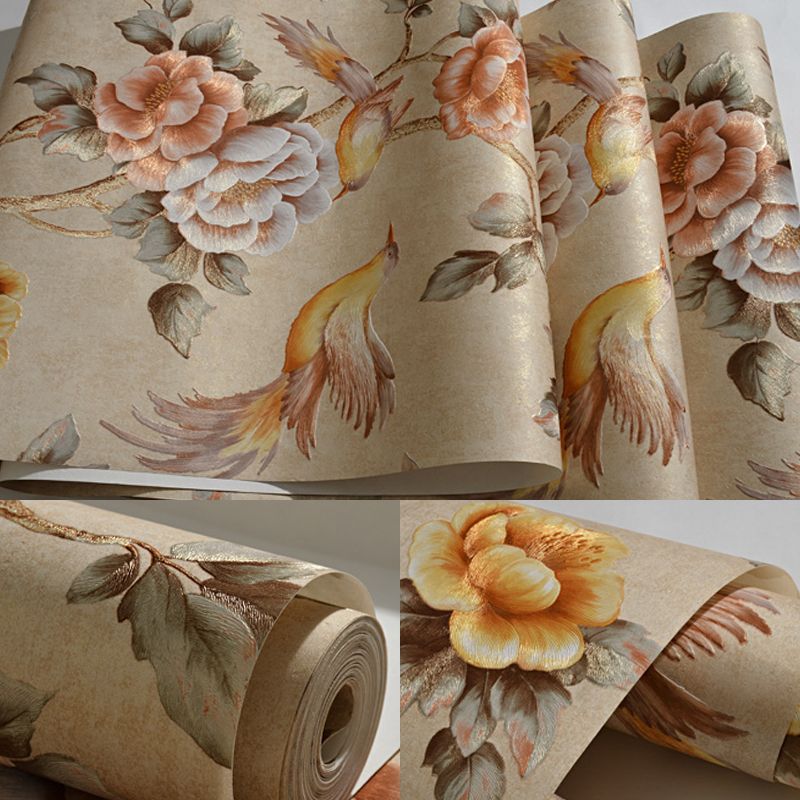 Bird and Peonies Print Wallpaper Dark Color Countryside Wall Covering for Living Room