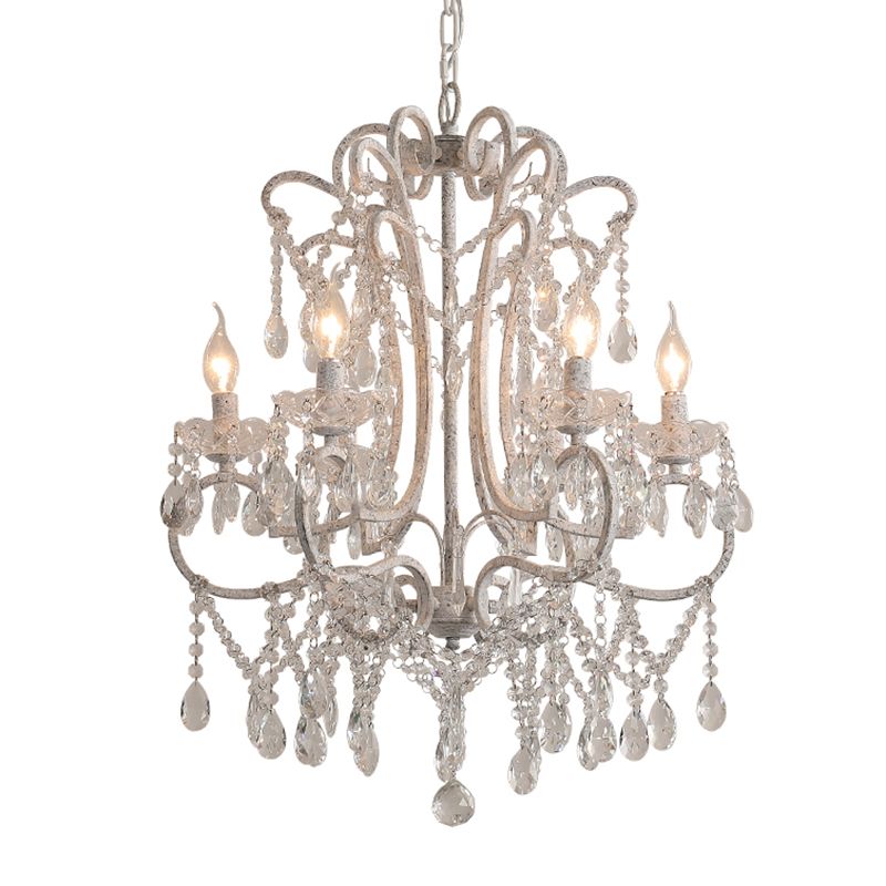 Antique Candlestick Ceiling Lighting Metallic Chandelier Light Fixture with Crystal Bead Decor in White