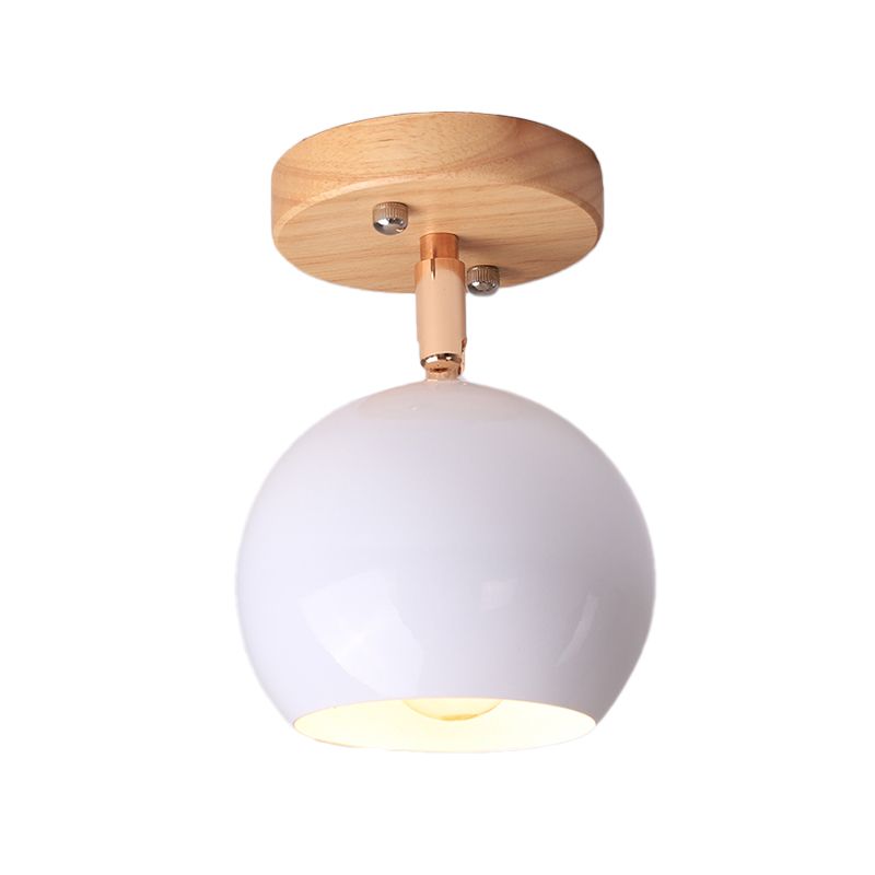 White/Green Ball Flush Mounted Light Simple 1-Bulb Adjustable Semi Ceiling Flush Mount with Round Wood Canopy