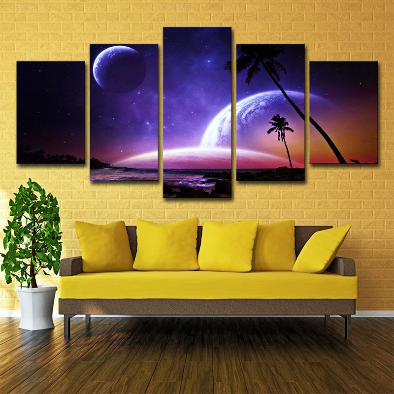 Multi-Piece Purple Wall Decor Fictional Night Ocean Palm Tree and Planets Canvas Art