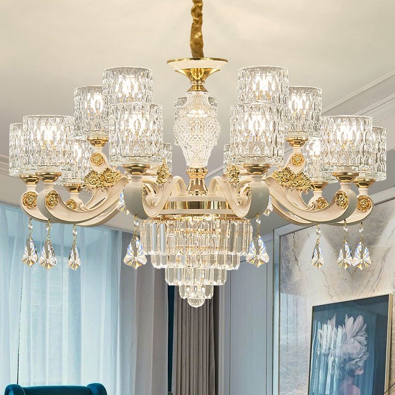 Cylindre Ripple Glass Chandelier Pendant Light Vintage Salon Hanging Light With Crystal Draping in White