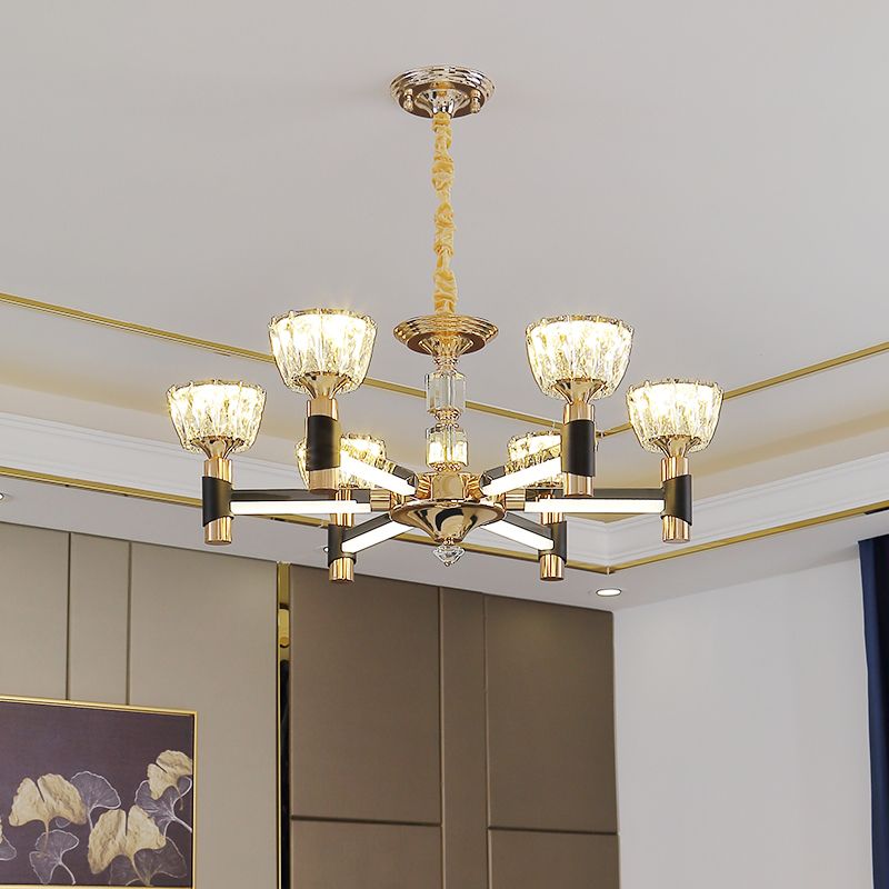 Modern Bowl Shape Suspension Light 6/8 Lights Crystal Rectangle LED Chandelier Lamp in Black and Gold