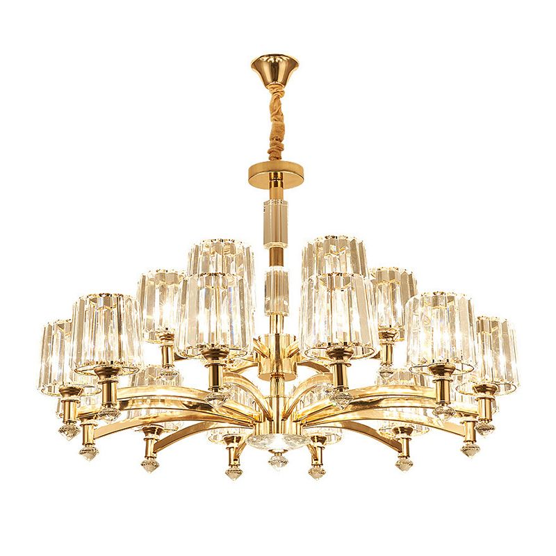 Cylindrical Living Room Chandelier Clear Crystal Modernism Hanging Light in Brass