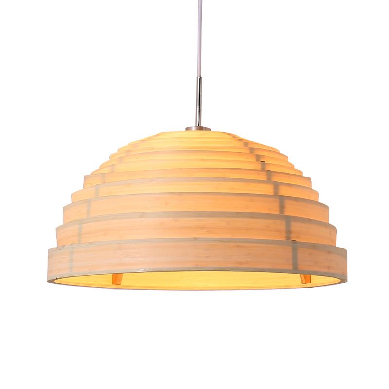 Rippled Hemispherical Hanging Light Minimalist Wood Single Living Room Ceiling Pendant in Beige