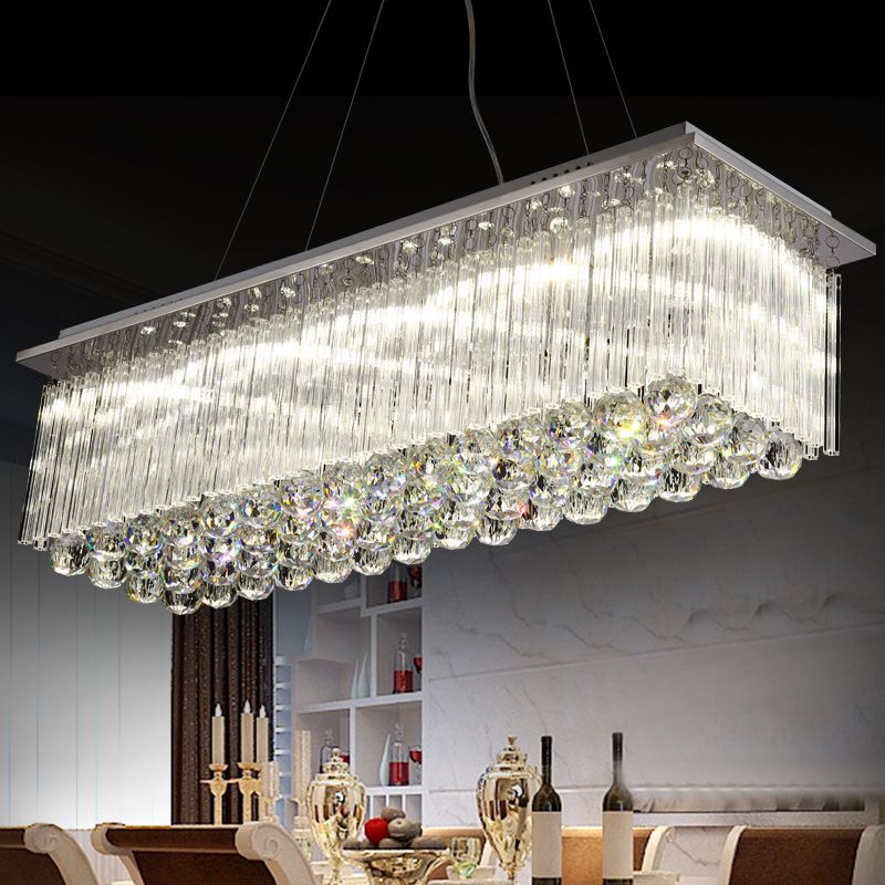 Rectangular Dining Room Island Lighting Luxury Crystal Modern LED Hanging Light in Silver