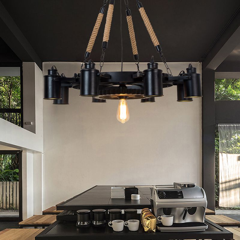 Cilindro de la sala de estar Luz de lámpara rústica de 9 cabezas de techo de cuerda negra accesorio de iluminación con engranaje deco