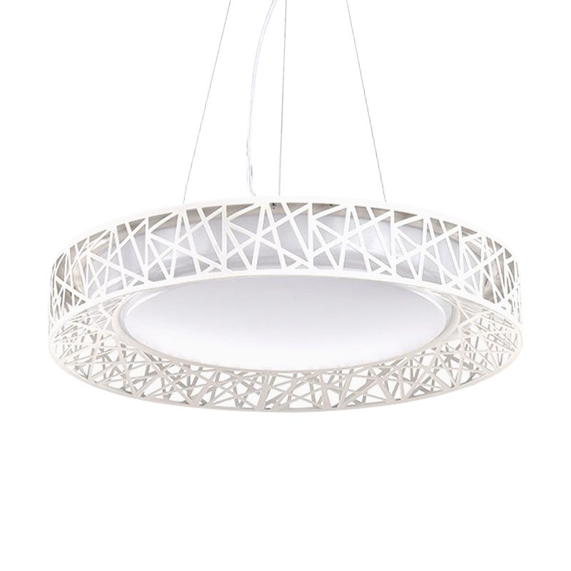 Drum Hanging Pendant Light Nordic Metal LED White Ceiling Light with Hollow Design in White/Warm/Natural Light, 12"/15"/19" Wide