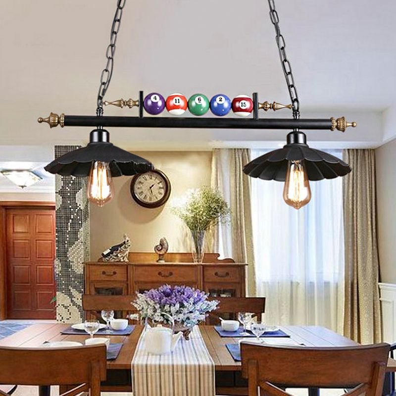 2/3-Light Scalloped Pool Table Light with Billiard Ball Decoration Vintage Metallic Hanging Light in Black