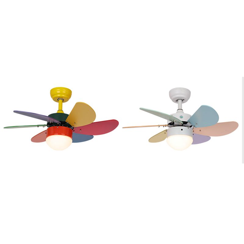 Macaron LED Pendant Fan Lamp Domed 6-Blade Semi Flush Light with White Glass Shade