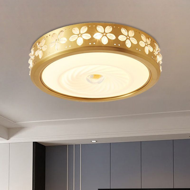 Rustic Style Drum Shape Flush Light Cream Glass LED Ceiling Mounted Fixture with Blossom Trim Decor in Brass