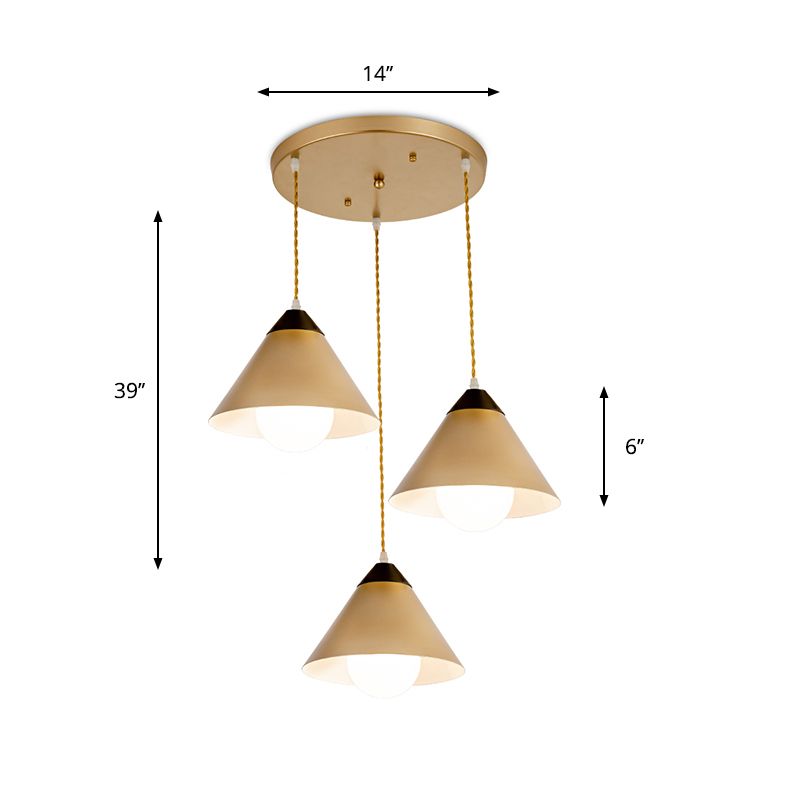 Conical Metal Multiple Hanging Light Postmodern 3 Heads Black and Gold Pendant Lamp with Round/Linear Canopy