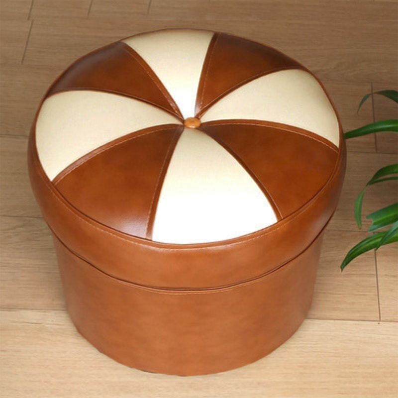 Mid-Century Modern Pouf Ottoman PU Leather Upholstered Tufted Patchwork Round Ottoman