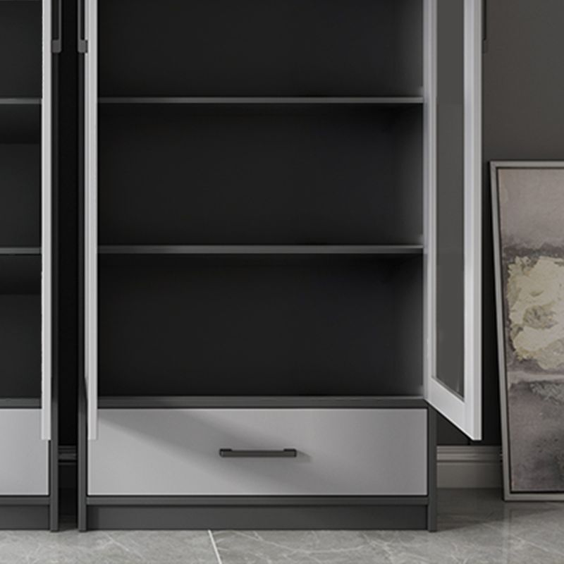 Faux Wood Modern Storage Cabinet Glass Doors Display Cabinet with Drawer for Living Room