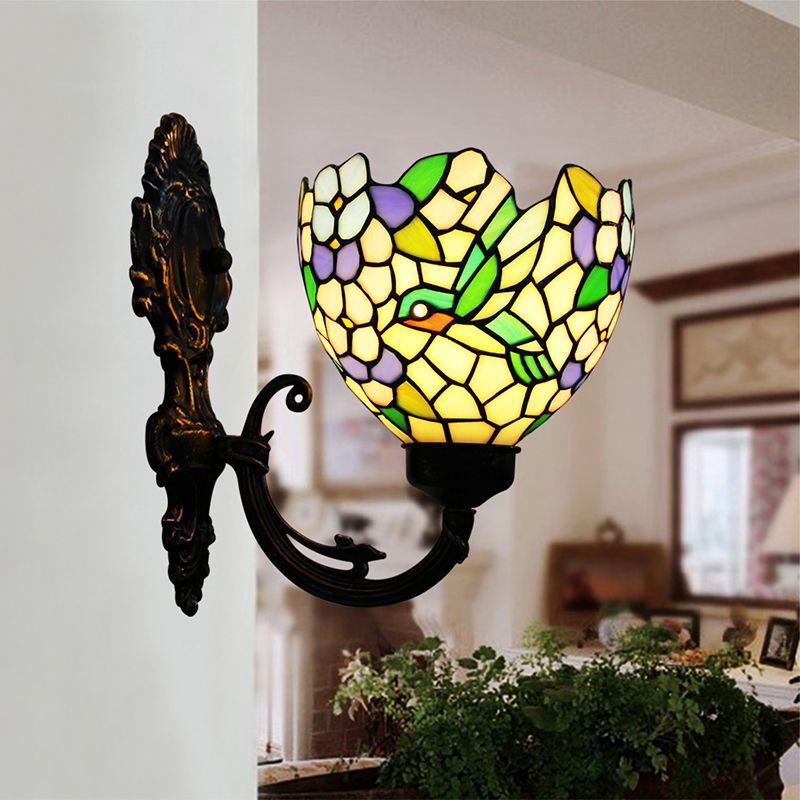 1-Light Sconce Light Baroque Flower Hand Cut Glass Wall Mounted Lighting in Bronze with Swirl Arm