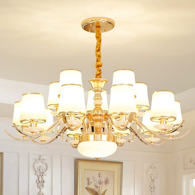 Candelera colgante de sombra de barril de oro blanco moderno de oro blanca iluminación con brazo curvo