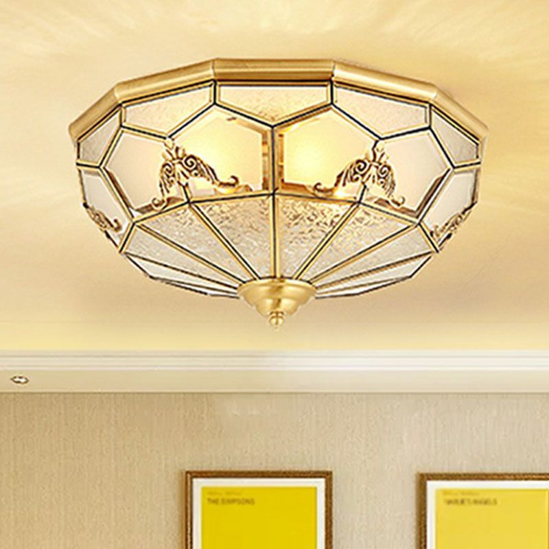 Brass Flush Ceiling Light Fixture Traditional Frosted Glass Panes Basket Shaped Flush Mount for Bedroom