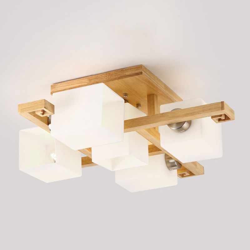 Plafonnier géométrique en bois semi-encastré artistique moderne avec abat-jour en verre blanc