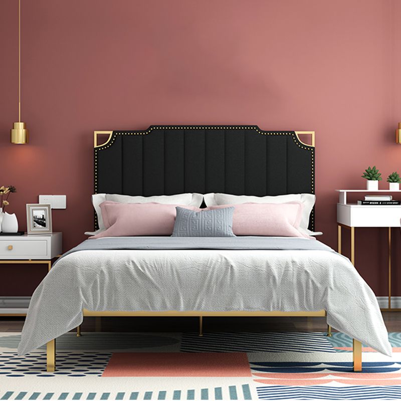 Nailhead Upholstered Bed with Headboard Metal Bed Frame in Gold