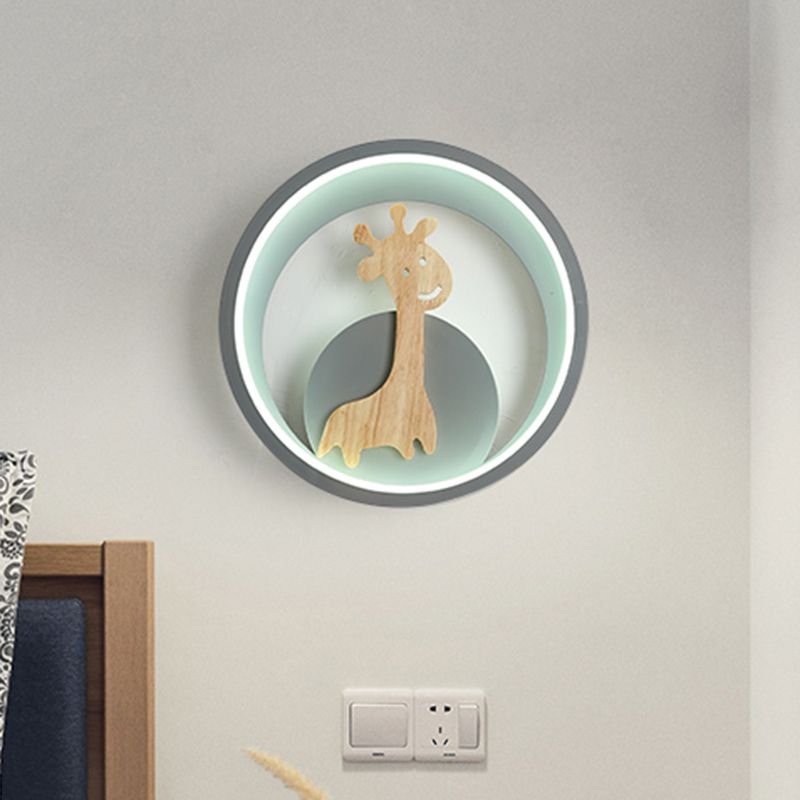 Luz de pared de anillo gris/negro LED moderno de pared acrílica de acrílico con decoración de figuras de jirafa para habitación para niños, luz cálida/blanca