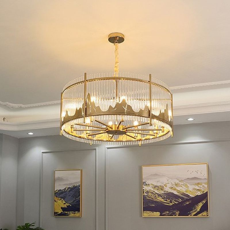 Strip Crystal Gold Affermazione del lampadario Forma del tamburo a 8 luci MODERSTRISTA sospesa con motivo a montagna