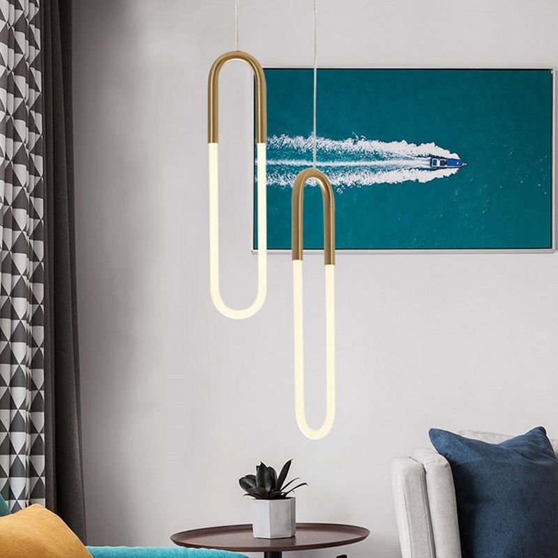 Metal Oblong Hanging Light Fixture Minimalist Style LED Gold Pendant Light Fixture