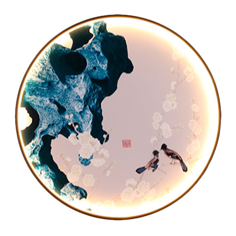 Asia LED Mural Light Black Halcyon and Pine Tree/Bird and Mountain Painting Wall Lighting Ideas with Fabric Shade