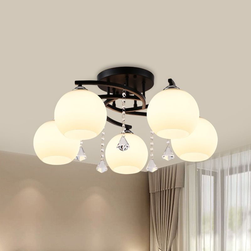 Leche de vidrio de vidrio semi-ras de luz moderna 3/7/9 cabezas de techo de la sala de techo de la habitación Chandelier en negro