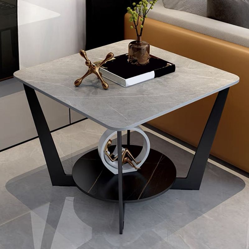 Modern Style Metal Iron Black Base Slab Top with Storage Rack Round Side Table