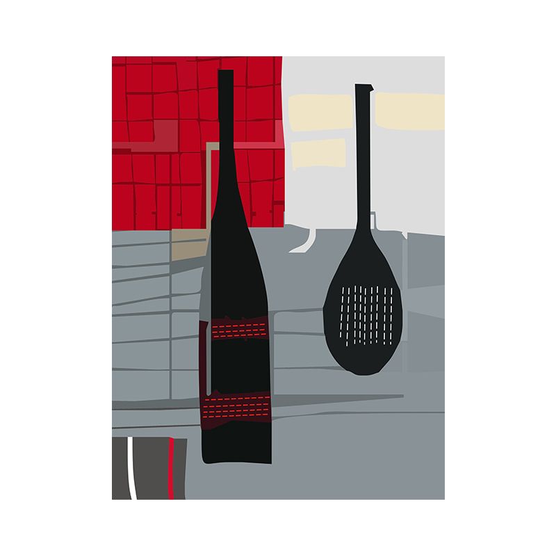 Scandinavian Wine Bottle Canvas Red and Grey Textured Wall Art Print for Living Room