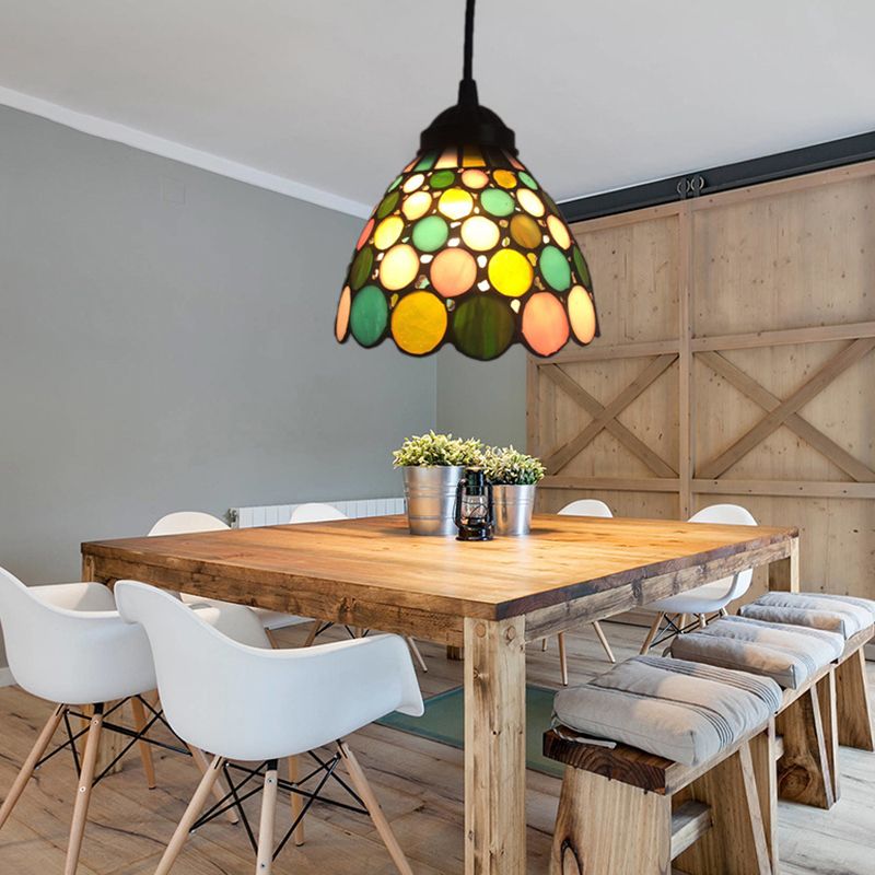 Brass Bell Shade Pendant Light Fixture Baroque 1-Light Handcrafted Stained Glass Drop Lamp