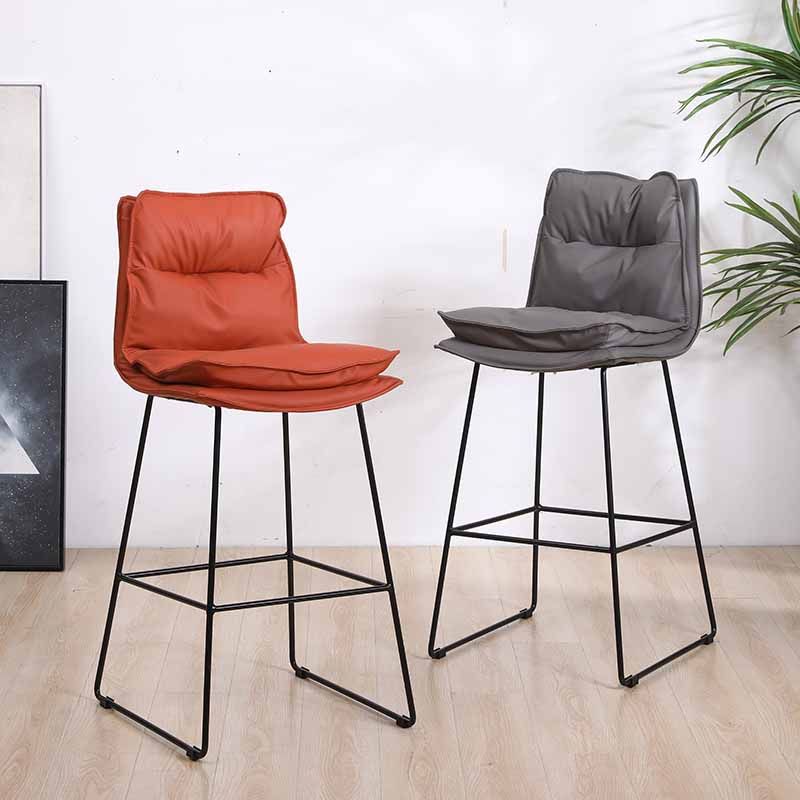 Scandinavian Leather Counter Stools Black Metal Low Back Bar Stools with Footrest