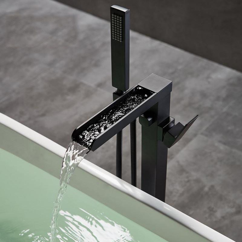 Brass Freestanding Tub Filler with Waterfall Spout Floor Mounted Bathroom Faucet