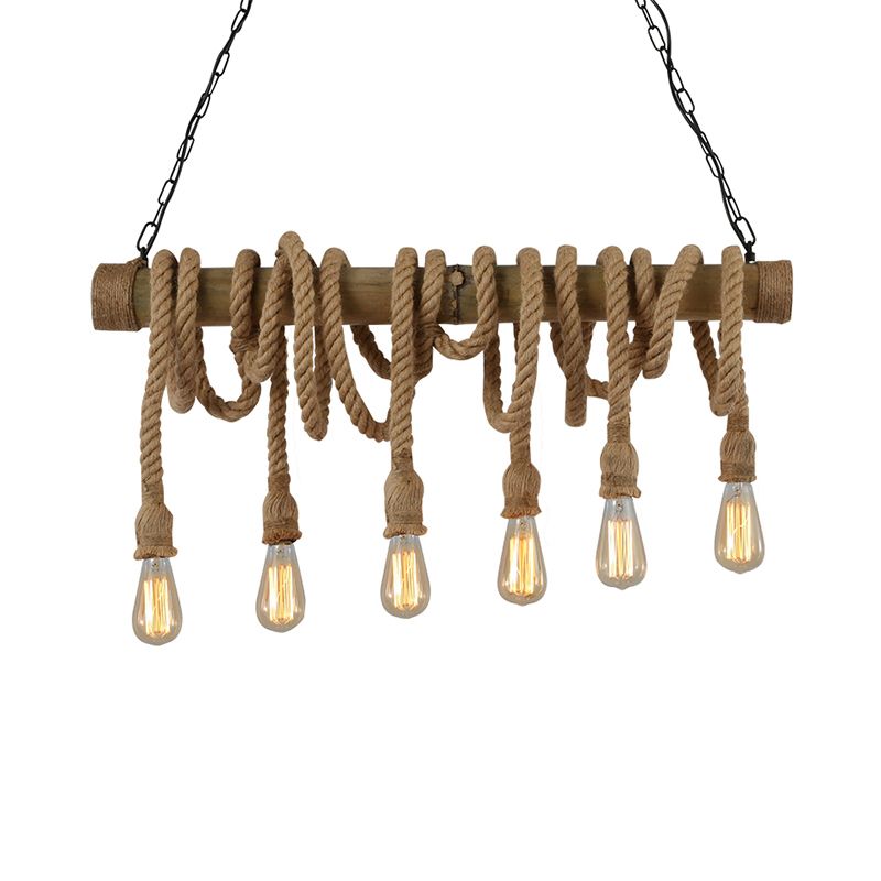 3/4 Lights Open Bulb Island Light Lodge Industrial Beige Adjustable Rope Ceiling Light with Bamboo