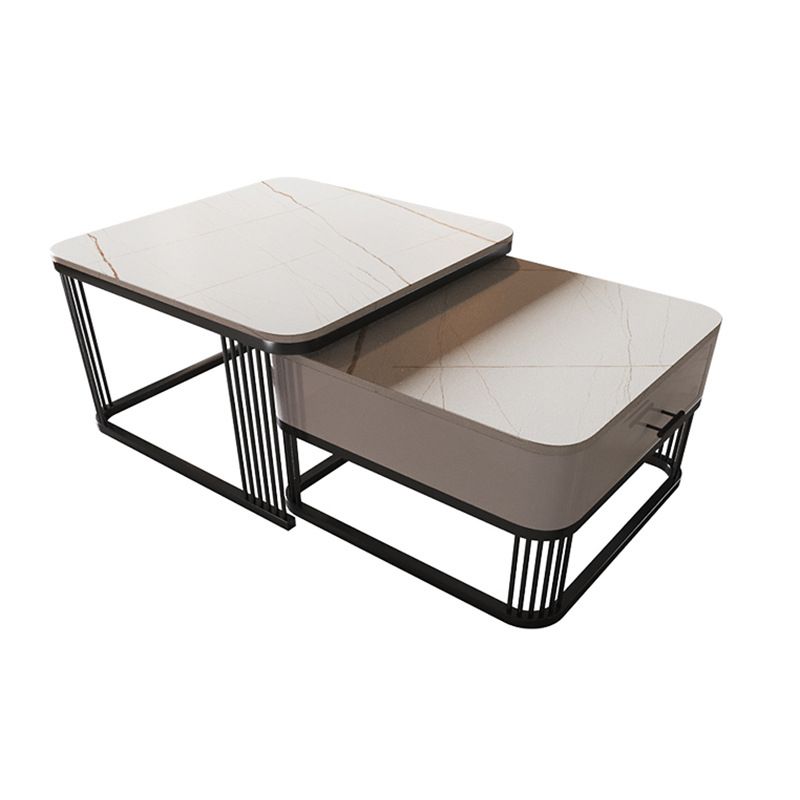Square Nesting Coffee Table Set Slate Frame Coffee Cocktail Table with Drawer