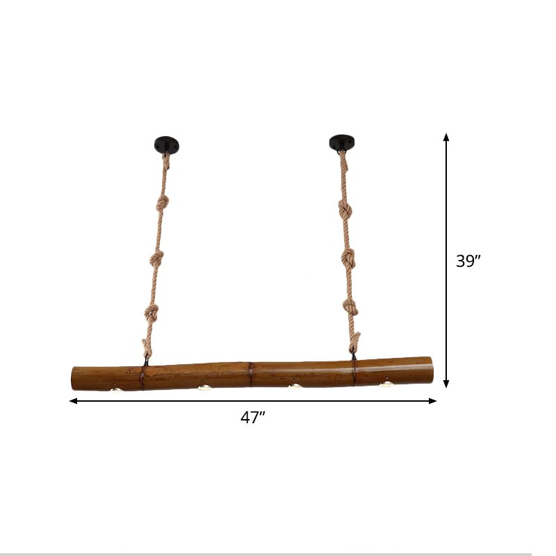 Bamboo Tube Island Lighting Farmhouse 4 Bulbs Restaurant Hanging Pendant Light in Yellow and Brown with Rope