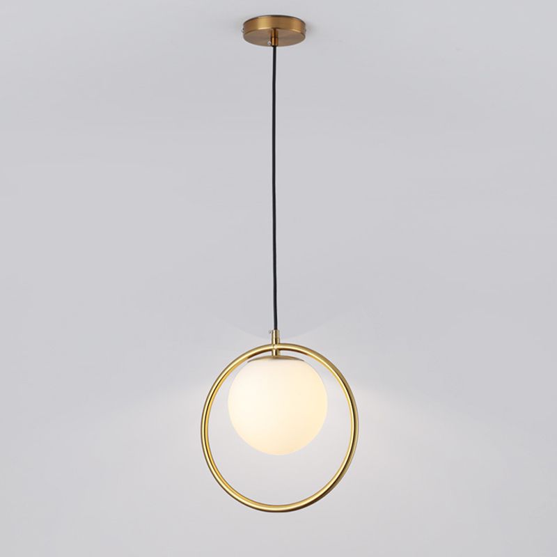 Nordic Minimalism Golden Ring Hanging Light with White Glass Ball Shade Mini Pendant Fixtures for Bedside