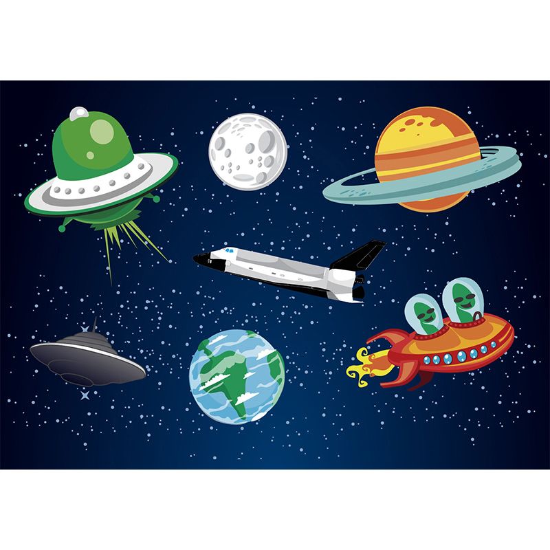 Dark Color Spacecraft Mural Wallpaper Universe Kids Moisture Resistant Wall Covering
