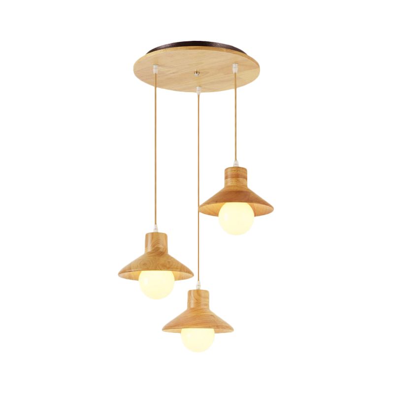 Beige Flare Multiple Hanging Light Nordic 3 Bulbs Natural Wood Ceiling Pendant over Dining Table