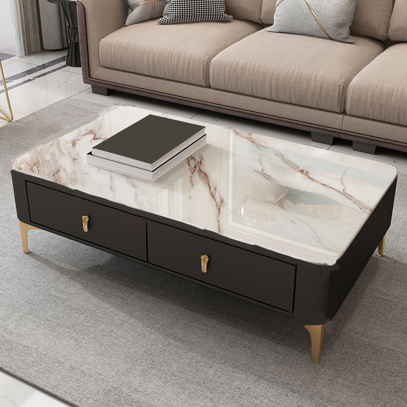 Glam Rectangle Stone Coffee Table Single 4 Legs Coffee Table with Storage Drawers