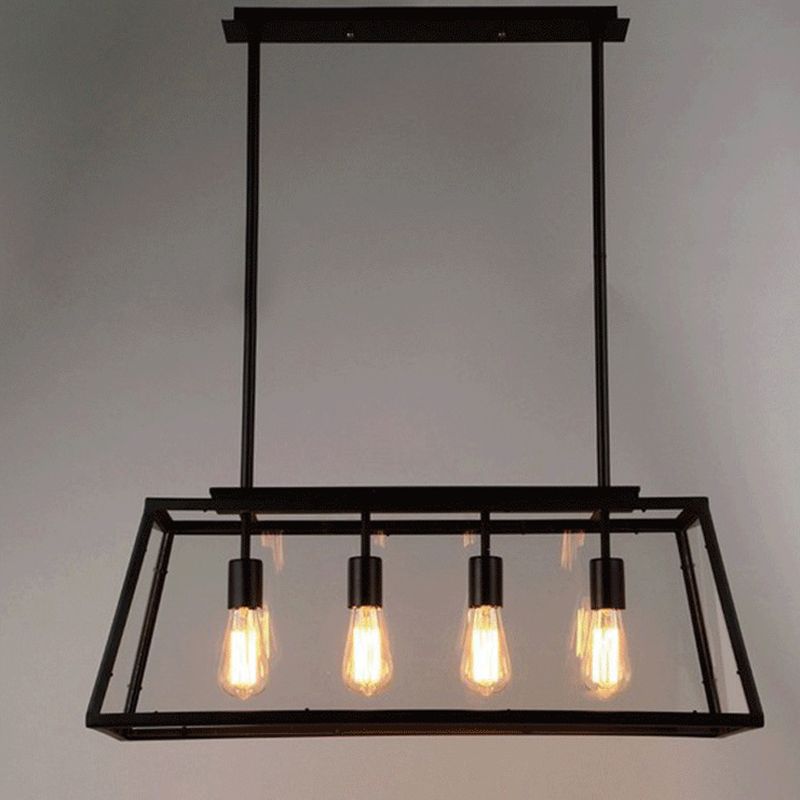 Industrial Style Island Pendant Glass 4 Light Island Light in Black for Restaurant
