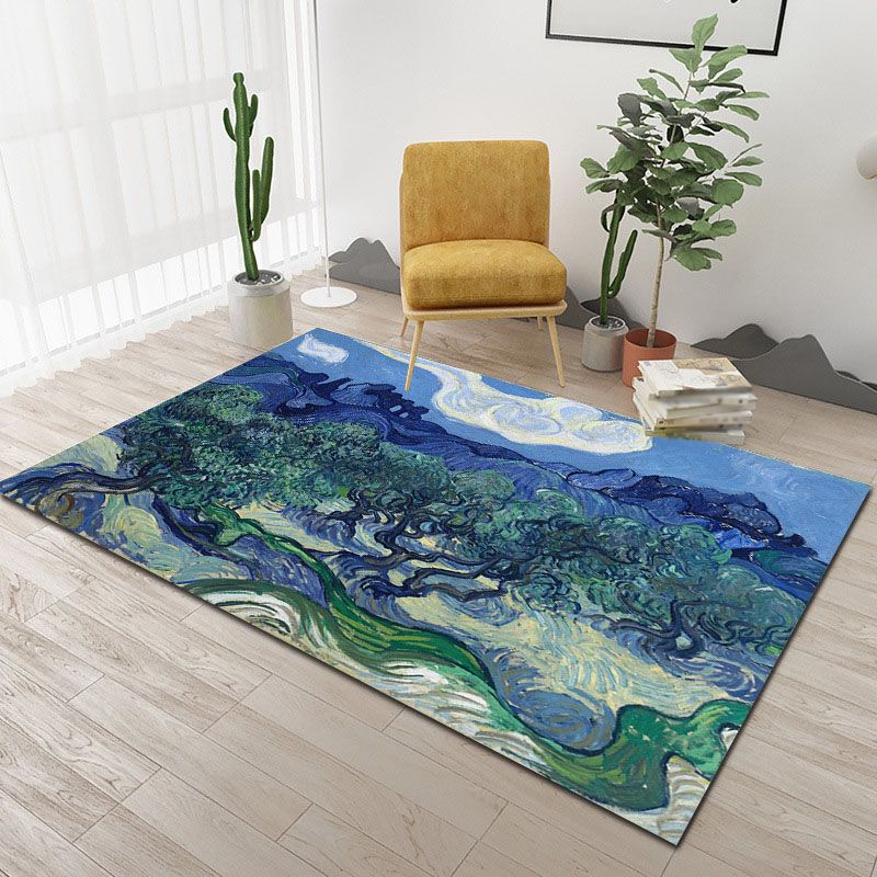 Green Modern Area Carpet Plant Pattern Polyester Area Rug Anti-Slip Backing Rug for Home Decor