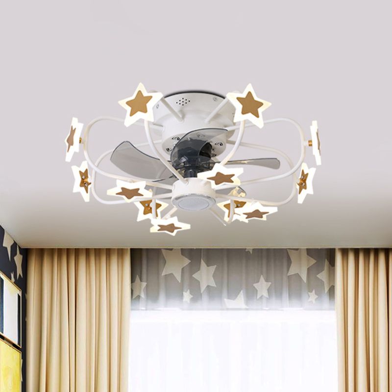 Kinderen 8 lampen 5 Blades Plafondventilator Lichte koffiemuziek Noot/Gray Loving Heart/White Star Semi Flush Mount Lighting met ijzeren kooi, 23,5 "breed